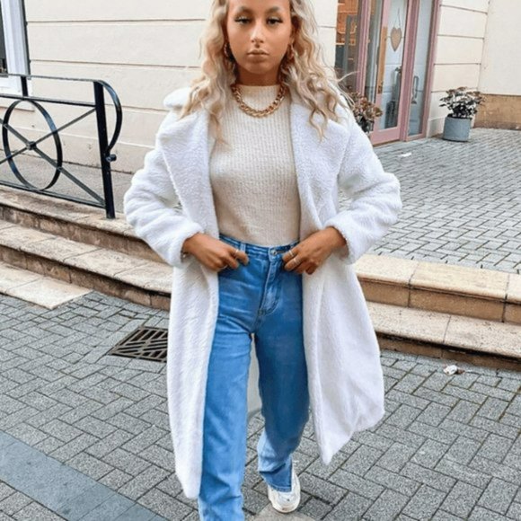 White Long Sleeve Double Breasted Loose Fit Long Maxi Teddy Bear Fur Coat - Picture 14 of 16